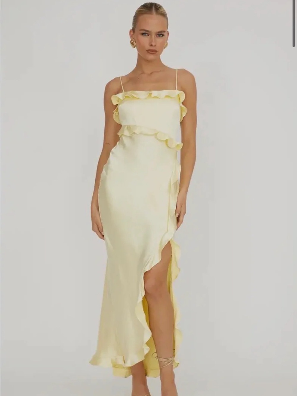 Satin Ruffle Trim Butter Yellow Maxi